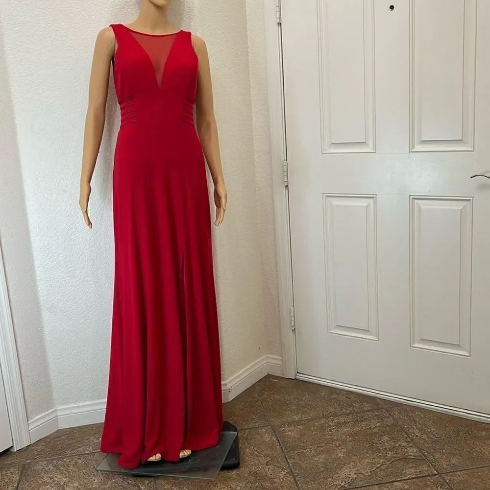 Morgan & Co Juniors Dress Red Formal Size 7 Sleeveless V Neck Sheer Mesh Maxi